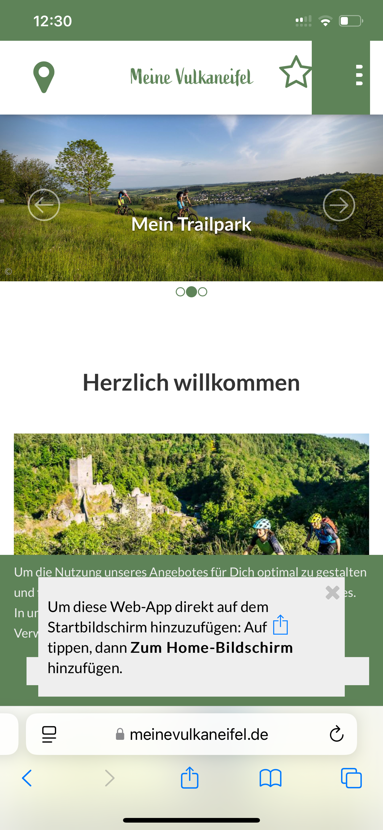 erstaufruf der seite www.meinevulkaneifel.de mit info zur nutzung