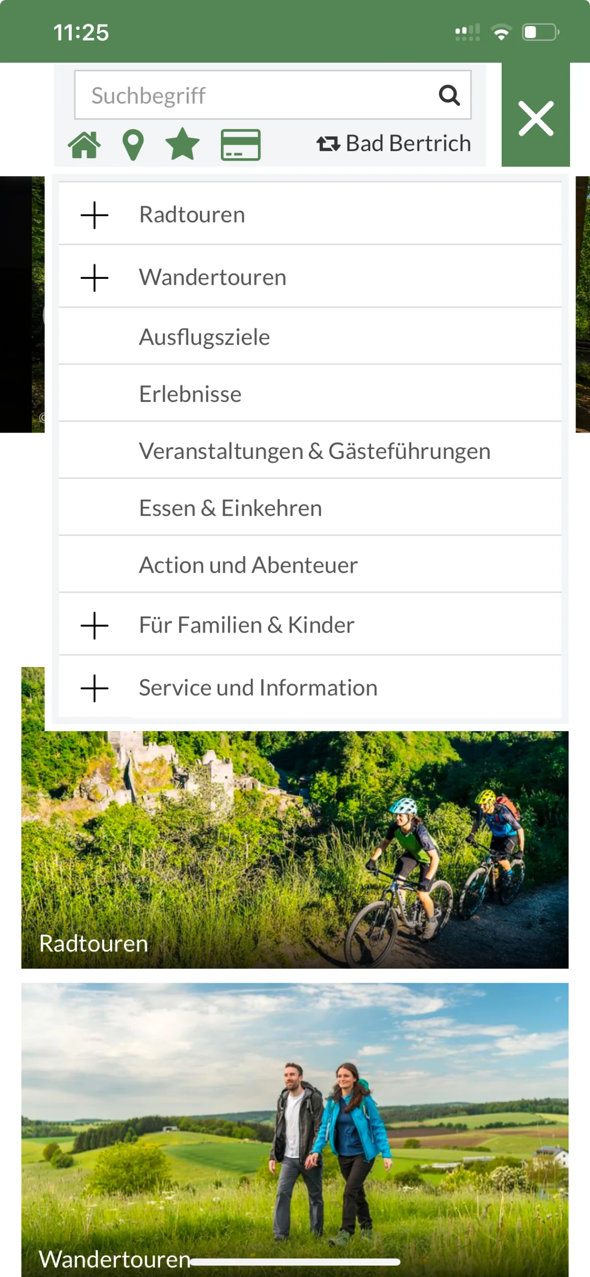 startscreen der pwa -meine vulkaneifel- mit ausgeklapptem Menue