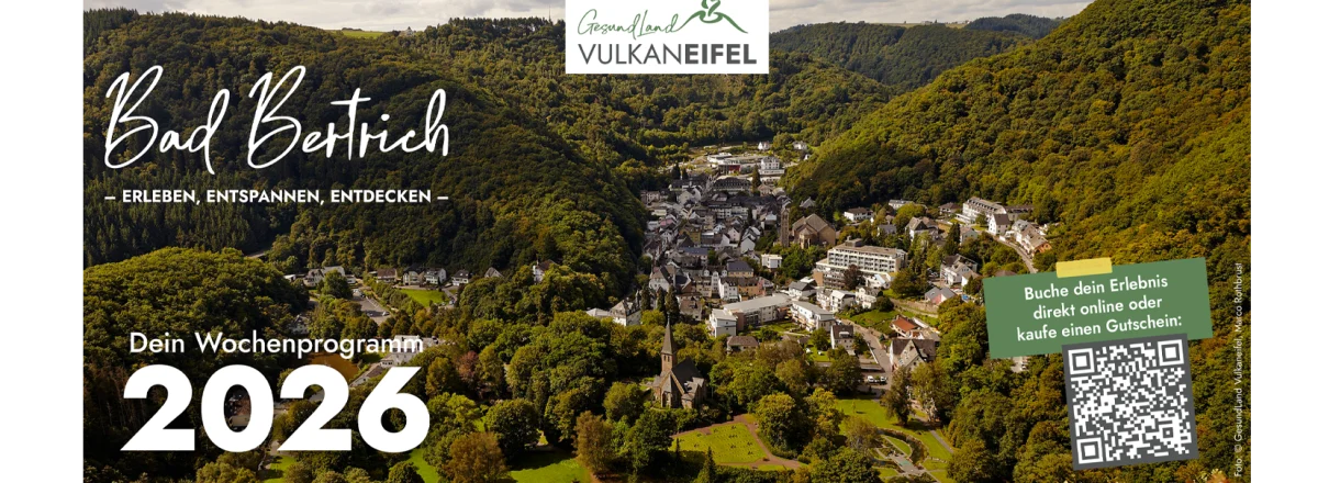 Ortsansicht BAd Bertrich im Tal Beschriftet Wochenprogramm 2026 mit QR Code zum buchen