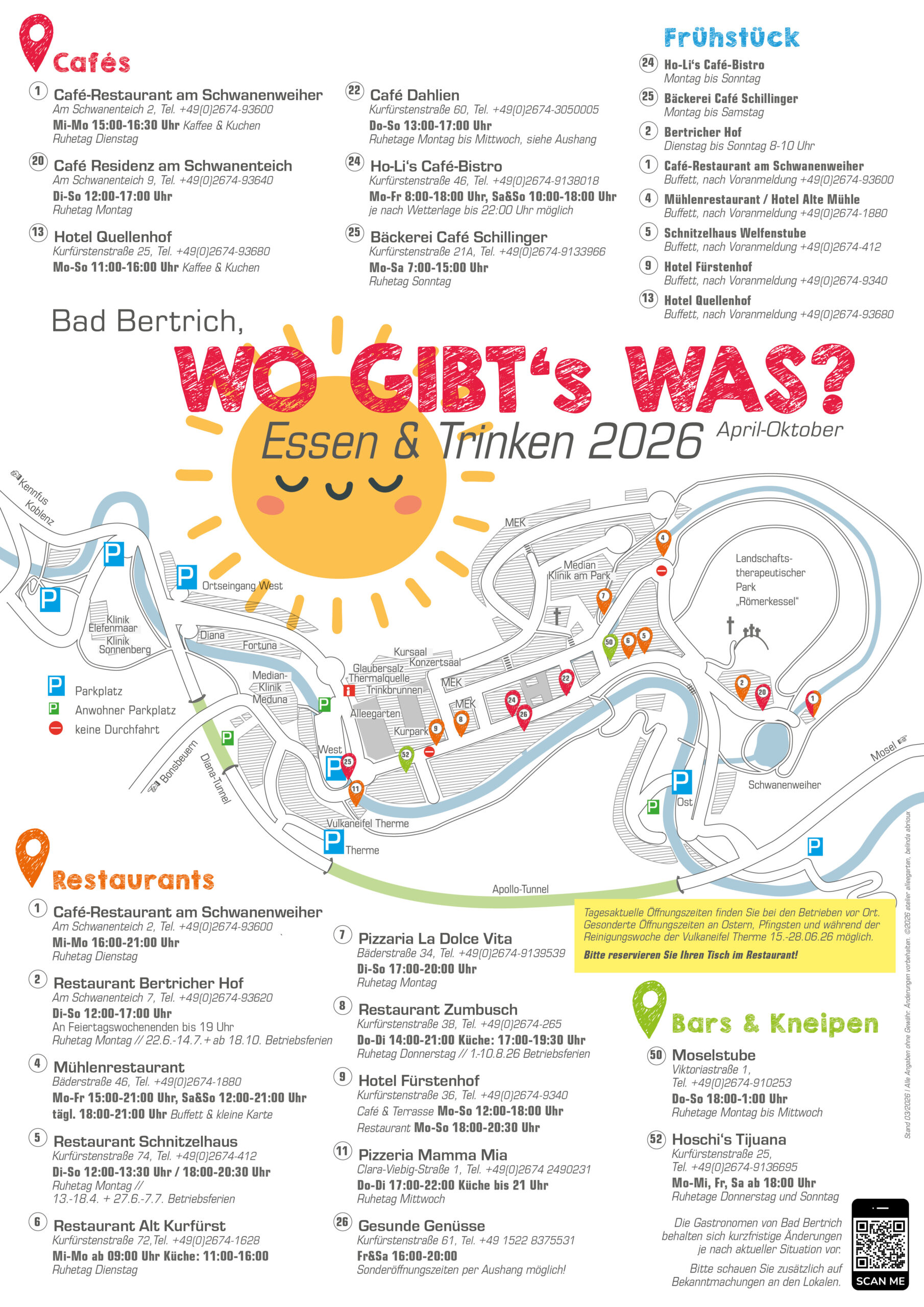 Plakat mit Auflistung aller Gastronomiebetriebe in Bad Bertrich mit Öffnungszeitenn und Telefonnummern für Tischreservierungen und eines Ortsplans mit Standorten