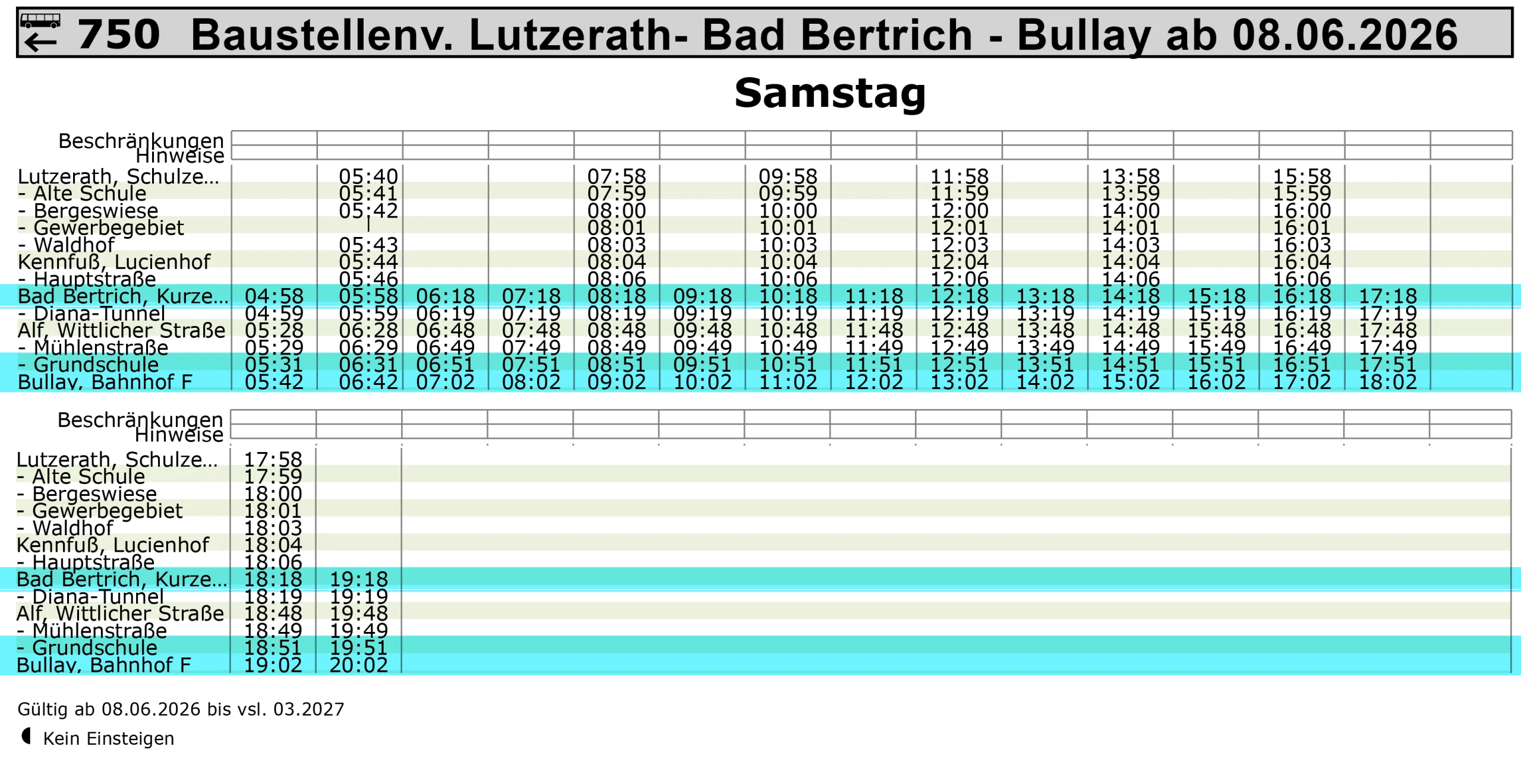 Fahrtzeiten der Bus-Linie 750 Bad Bertrich Richtung Bullay ab 8.6.26 an Samstagen