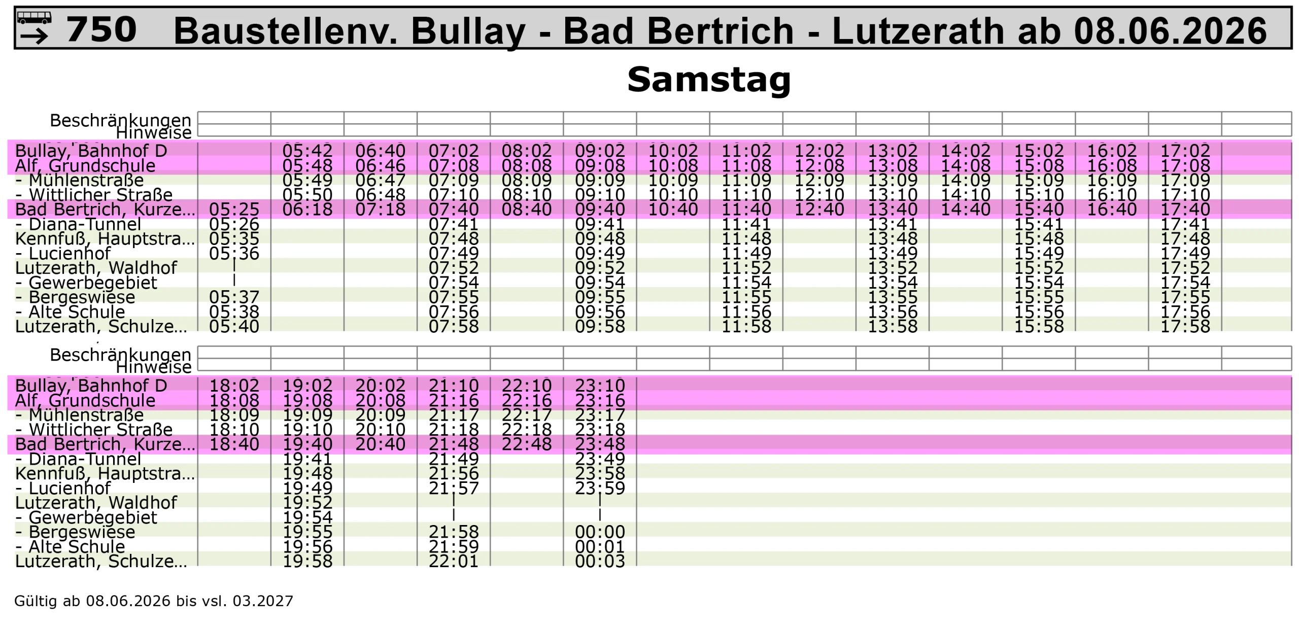 Fahrtzeiten der Bus-Linie 750 Bullay Richtung Bad Bertrich ab 8.6.26 an Samstagen