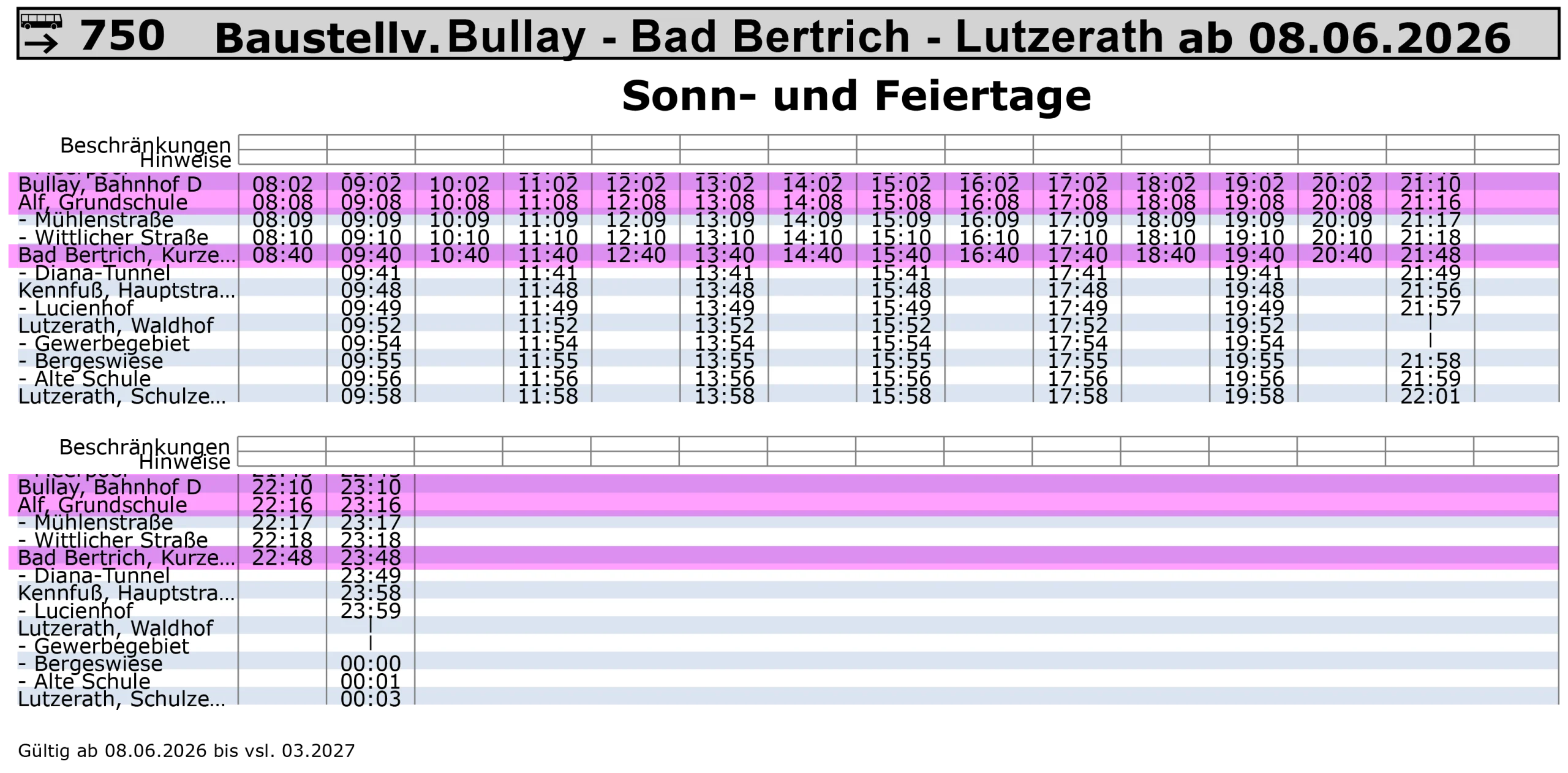 Fahrtzeiten der Bus-Linie 750 Bullay Richtung Bad Bertrich ab 8.6.26 an Sonn- und Feiertagen