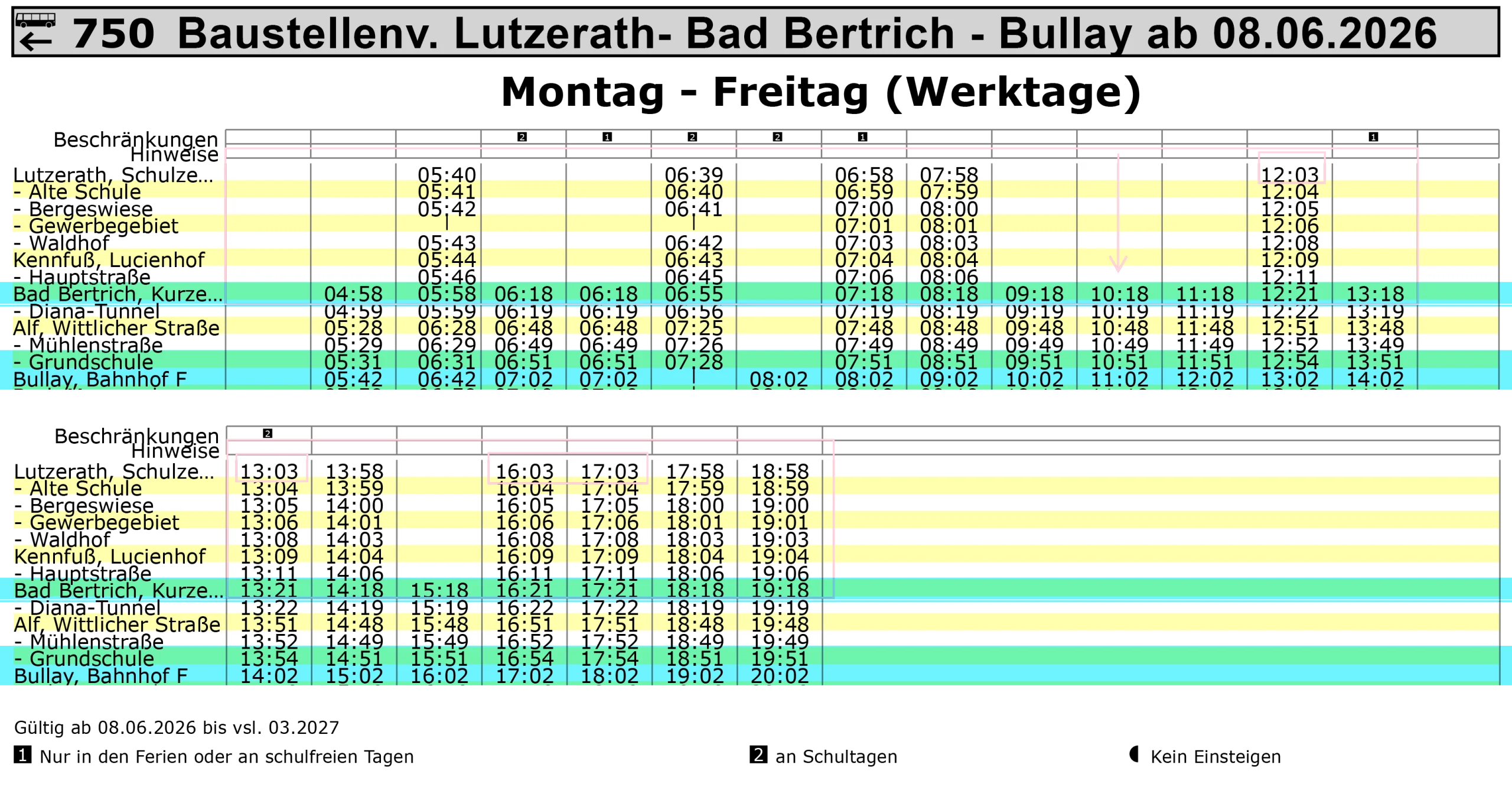 Fahrtzeiten der Bus-Linie 750 Bad Bertrich Richtung Bullay ab 8.6.26 an Wochentagen